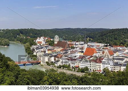 Stock Photo - "Townscape, loop of the Inn river, Wasserburg am Inn, Upper Bavaria, Bavaria, Germany, Europe". Fotosearch