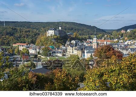 Stock Photo - "Townscape, Oberes Schloss, or Upper Castle, and Unteres Schloss, or Lower Castle, in autumn, Greiz, Thuringia, Germany, Europe". Fotosearch
