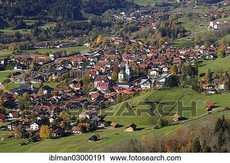 Stock Image - "Townscape of Bad Hindelang, Ostrachtal, Bad Hindelang, Oberallgau, Allgau, Swabia, Bavaria, Germany, Europe". Fotosearch