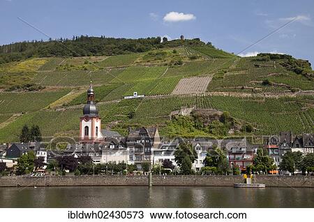 Stock Image - "Townscape of Zell and the vineyard """"Zeller Schwarze Katz"""", Moselle river, Rhineland-Palatinate, Germany, Europe, PublicGround, Europe". Fotosearch