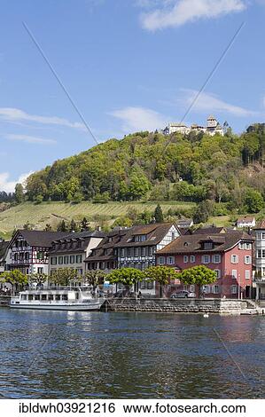 Stock Photograph - "Townscape on the bank of the Rhine River with a boat landing and Burg Hohenklingen Castle, Stein am Rhein, High Rhine, Canton of Schaffhausen, Switzerland, Europe". Fotosearch