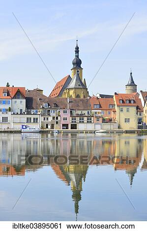 Stock Image - "Townscape, River Main, Kitzingen, Lower Franconia, Bavaria, Germany, Europe". Fotosearch