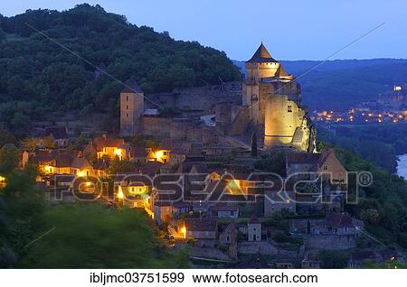 "Townscape with Castelnaud Castle, Chateau de Castelnaud, at dusk, Castelnaud-la-Chapelle, Departement Dordogne, Aquitaine, France, Europe" View Large Photo Image Stock Photo - "Townscape with Castelnaud Castle, Chateau de Castelnaud, at dusk, Castelnaud-la-Chapelle, Departement Dordogne, Aquitaine, France, Europe". Fotosearch