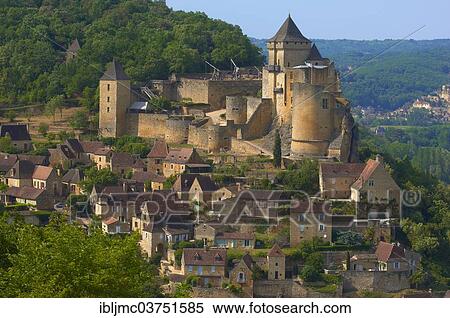 Stock Photography - "Townscape with Castelnaud Castle, Chateau de Castelnaud, Castelnaud-la-Chapelle, Departement Dordogne, Aquitaine, France, Europe". Fotosearch
