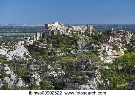 Stock Image - "Townscape with castle ruins, Les plus beaux villages de France, Les Baux-de-Provence, Provence-Alpes-Cote d'Azur, France, Europe". Fotosearch
