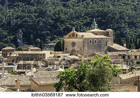 Stock Photo - "Townscape with the Charterhouse or the Royal Carthusian Monastery of Valldemossa, Valldemossa, Balearische Inseln, Spain, Europe". Fotosearch