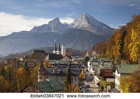 "Townscape with the Parish Church of St. Andrew and the Collegiate Church of St. Peter and St. John the Baptist, Watzmann Mountain, Berchtesgaden, Berchtesgadener Land district, Upper Bavaria, Bavaria, Germany, Europe" View Large Photo Image Stock Image - "Townscape with the Parish Church of St. Andrew and the Collegiate Church of St. Peter and St. John the Baptist, Watzmann Mountain, Berchtesgaden, Berchtesgadener Land district, Upper Bavaria, Bavaria, Germany, Europe". Fotosearch