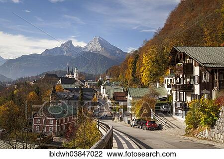"Townscape with the Parish Church of St. Andrew and the Collegiate Church of St. Peter and St. John the Baptist, Watzmann Mountain, Berchtesgaden, Berchtesgadener Land district, Upper Bavaria, Bavaria, Germany, Europe" View Large Photo Image Stock Image - "Townscape with the Parish Church of St. Andrew and the Collegiate Church of St. Peter and St. John the Baptist, Watzmann Mountain, Berchtesgaden, Berchtesgadener Land district, Upper Bavaria, Bavaria, Germany, Europe". Fotosearch