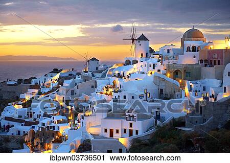 "Townscape with windmills at sunset, Oia, Santorini, Cyclades, Greece, Europe" View Large Photo Image Stock Image - "Townscape with windmills at sunset, Oia, Santorini, Cyclades, Greece, Europe". Fotosearch