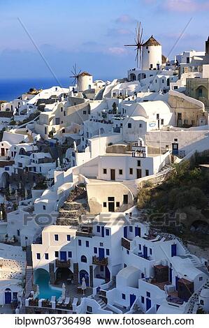 Stock Photo - "Townscape with windmills, Oia, Santorini, Cyclades, Greece, Europe". Fotosearch