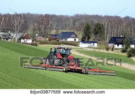 "Tractor with cambridge roller works on green fields at spring farming. Houses and trees in the background, Snarestad, Scania, Sweden, Europe" View Large Photo Image Stock Photo - "Tractor with cambridge roller works on green fields at spring farming. Houses and trees in the background, Snarestad, Scania, Sweden, Europe". Fotosearch