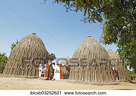 Stock Image - "Traditional houses of the Mousgoum fishermen, Pouss, Far North, Cameroon, Africa". Fotosearch