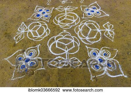 "Traditional Rangoli, Kolam or Muggu, decorative pattern made of coloured sand, Rameswaram, Pamban Island, Tamil Nadu, India, Asia" View Large Photo Image Stock Image - "Traditional Rangoli, Kolam or Muggu, decorative pattern made of coloured sand, Rameswaram, Pamban Island, Tamil Nadu, India, Asia". Fotosearch