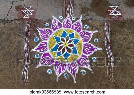 Stock Photography - "Traditional Rangoli, Kolam or Muggu, decorative pattern made of coloured sand, Rameswaram, Pamban Island, Tamil Nadu, India, Asia". Fotosearch