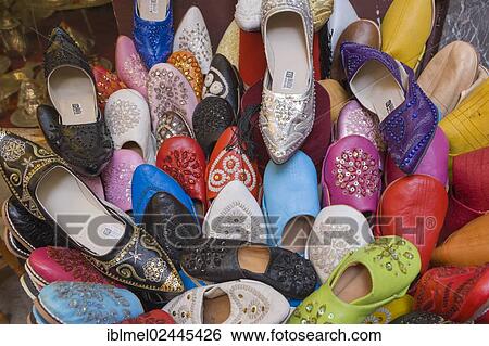 Stock Photograph - "Traditional slippers on sale, Medina, Tangier, Tanger, Morocco, Africa". Fotosearch