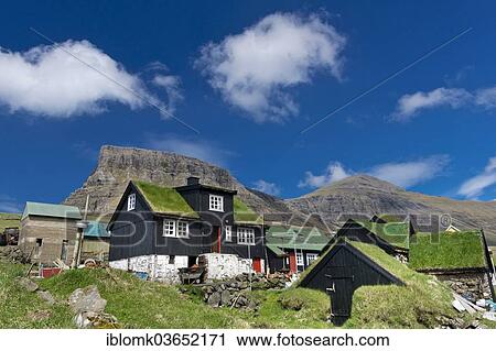 "Traditional turf houses, wooden houses with grass roofs and stone foundations, Gasadalur, Vagar, Faroe Islands, Denmark, Europe" View Large Photo Image Stock Image - "Traditional turf houses, wooden houses with grass roofs and stone foundations, Gasadalur, Vagar, Faroe Islands, Denmark, Europe". Fotosearch