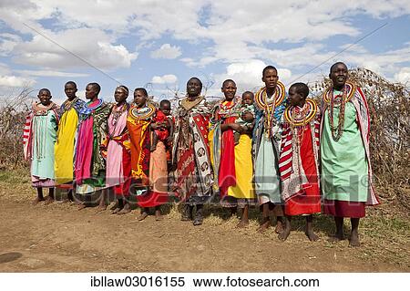 "Traditionally decorated Maasai women wearing traditional dress during a vocal demonstration, Massai Mara, Distrikt Narok, Serengeti, Rift Valley province, Kenya, Africa" View Large Photo Image Stock Photography - "Traditionally decorated Maasai women wearing traditional dress during a vocal demonstration, Massai Mara, Distrikt Narok, Serengeti, Rift Valley province, Kenya, Africa". Fotosearch