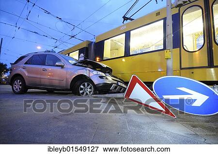 Stock Photo - "Traffic accident, car versus tram, Neckartalstrasse - Pragstrasse, Stuttgart, Baden-Wuerttemberg, Germany, Europe". Fotosearch