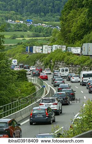 "Traffic jam at Kindinger Berg, trailing to Greding in the Altmuhl Valley, A9 motorway near Kinding, Upper Bavaria, Bavaria, Germany, Europe" View Large Photo Image Stock Photo - "Traffic jam at Kindinger Berg, trailing to Greding in the Altmuhl Valley, A9 motorway near Kinding, Upper Bavaria, Bavaria, Germany, Europe". Fotosearch