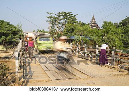 Stock Photo - "Traffic on a bridge, Mrauk U, Sittwe District, Rakhine State, Myanmar, Asia". Fotosearch