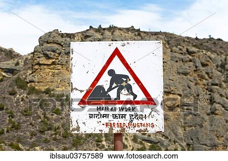 Stock Photo - "Traffic sign, construction, near Samar, Upper Mustang, Lo, Nepal, Asia". Fotosearch