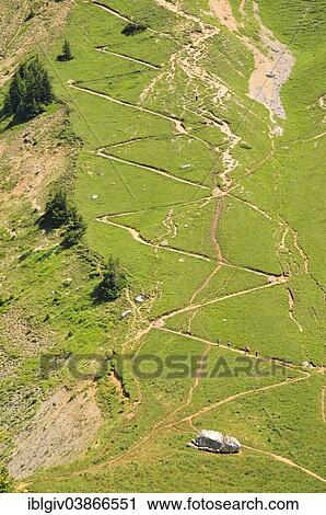 Stock Image - "Trail zigzags to the Dent de Crolles mountain, Chartreuse Mountains, Departement Isere, Rhone-Alpes region, France, Europe". Fotosearch