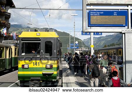 Train and travellers on the platform of the railway station of Grindelwald, Bernese Oberland, Canton of Bern, Alps, Switzerland, Europe View Large Photo Image Stock Photo - Train and travellers on the platform of the railway station of Grindelwald, Bernese Oberland, Canton of Bern, Alps, Switzerland, Europe. Fotosearch