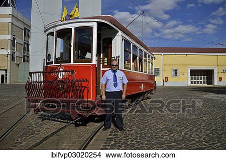 Picture - "Tram driver Nunu Martinho at the Museu da Carris tram museum, Lisbon, Portugal, Europe". Fotosearch