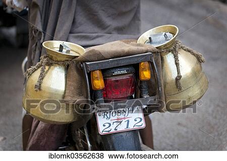 Stock Photo - "Transport containers for milk on a motorcycle, Bundi, Rajasthan, India, Asia". Fotosearch