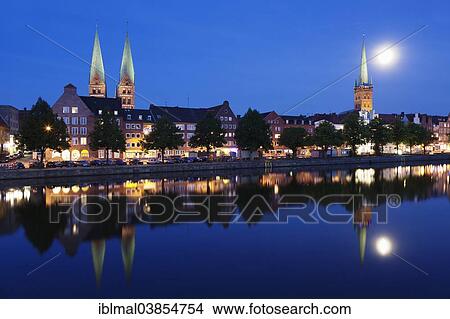 "Trave river and the historic centre at full moon, Lubeck, Schleswig-Holstein, Germany, Europe" View Large Photo Image Picture - "Trave river and the historic centre at full moon, Lubeck, Schleswig-Holstein, Germany, Europe". Fotosearch