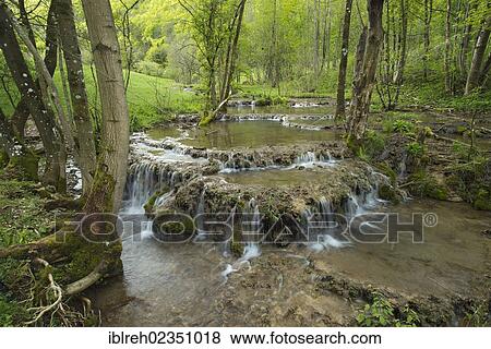 Stock Photo - "Travertine terraces, Donntal valley, Lenningen-Gutenberg, Swabian Alp, Baden-Wuerttemberg, Germany, Europe". Fotosearch
