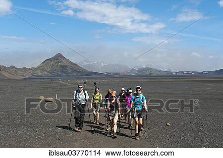 "Trekking in the highlands, hiking group crossing a vegetation-free gravel zone, Laugavegur hiking trail, Mt Storasula at the back, near Emstrur, Rangarping ytra, Suourland, Iceland, Scandinavia, Europe" View Large Photo Image Picture - "Trekking in the highlands, hiking group crossing a vegetation-free gravel zone, Laugavegur hiking trail, Mt Storasula at the back, near Emstrur, Rangarping ytra, Suourland, Iceland, Scandinavia, Europe". Fotosearch