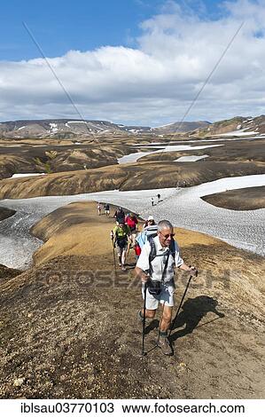 "Trekking in the highlands, hiking group on a trail across snowfields, Laugavegur hiking trail, near Hrafntinnusker, Rangarping ytra, Suourland, Iceland, Scandinavia, Europe" View Large Photo Image Stock Image - "Trekking in the highlands, hiking group on a trail across snowfields, Laugavegur hiking trail, near Hrafntinnusker, Rangarping ytra, Suourland, Iceland, Scandinavia, Europe". Fotosearch