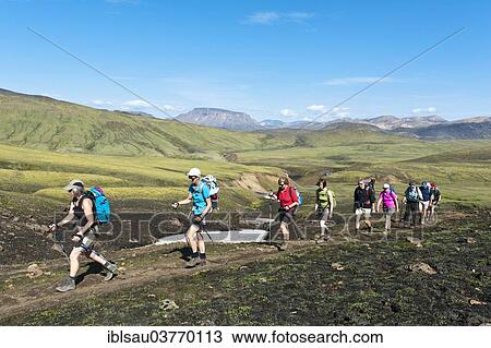 "Trekking in the highlands, hiking group travelling in single file, green mountain landscape, Laugavegur hiking trail near Alftavatn, Rangarping ytra, Suourland, Iceland, Scandinavia, Europe" View Large Photo Image Stock Image - "Trekking in the highlands, hiking group travelling in single file, green mountain landscape, Laugavegur hiking trail near Alftavatn, Rangarping ytra, Suourland, Iceland, Scandinavia, Europe". Fotosearch