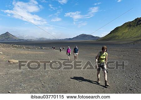"Trekking in the highlands, hiking group crossing a vegetation-free gravel zone, Laugavegur hiking trail, Mt Storasula at the back, Utigonguhofoar near Emstrur, Rangarping ytra, Suourland, Iceland, Scandinavia, Europe" View Large Photo Image Stock Photography - "Trekking in the highlands, hiking group crossing a vegetation-free gravel zone, Laugavegur hiking trail, Mt Storasula at the back, Utigonguhofoar near Emstrur, Rangarping ytra, Suourland, Iceland, Scandinavia, Europe". Fotosearch