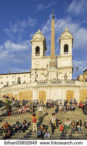 Stock Photo - "Trinita dei Monti church and the Sallustiano obelisk at the Spanish Steps, Rome, Lazio, Italy, Europe". Fotosearch