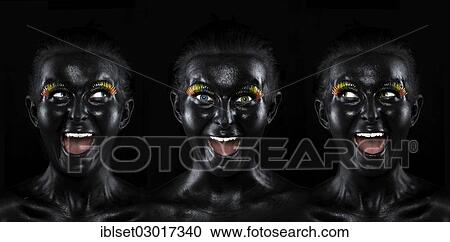 "Triple faces of a laughing young woman painted with black facepaint, with multi-coloured eyelashes, Austria, Europe" View Large Photo Image Stock Image - "Triple faces of a laughing young woman painted with black facepaint, with multi-coloured eyelashes, Austria, Europe". Fotosearch