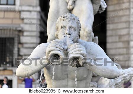 Stock Image - "Triton blowing into a shell, Fontana del Moro, Moor Fountain, Piazza Navona, Rome, Italy, Europe". Fotosearch