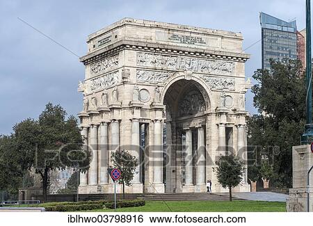Stock Photograph - "Triumphal Arch Arco della Vittoria, architecture of Italian fascism under Mussolini, Piazza della Vittoria, Genoa, Liguria, Italy, Europe". Fotosearch