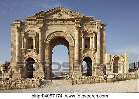 "Triumphal arch in honour of Emperor Hadrian, portal, built 129-130 AD, an ancient Roman city of the Decapolis, Jerash, Jerash Governorate, Jordan, Asia" View Large Photo Image Picture - "Triumphal arch in honour of Emperor Hadrian, portal, built 129-130 AD, an ancient Roman city of the Decapolis, Jerash, Jerash Governorate, Jordan, Asia". Fotosearch