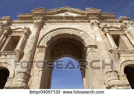 "Triumphal arch in honour of Emperor Hadrian, portal, built 129-130 AD, an ancient Roman city of the Decapolis, Jerash, Jerash Governorate, Jordan, Asia" View Large Photo Image Stock Image - "Triumphal arch in honour of Emperor Hadrian, portal, built 129-130 AD, an ancient Roman city of the Decapolis, Jerash, Jerash Governorate, Jordan, Asia". Fotosearch