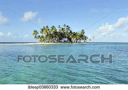Stock Image - "Tropical island with palm trees, Cayos Los Grullos, Mamartupo, San Blas Islands, Panama, North America". Fotosearch