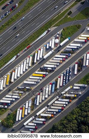 Stock Photo - "Truck parking, motorway service area Hamm-Rhynern, A2 motorway, Hamm, Ruhr district, North Rhine-Westphalia, Germany, Europe". Fotosearch