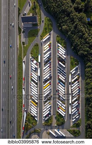 Stock Photograph - "Truck parking, motorway service area Hamm-Rhynern, A2 motorway, Hamm, Ruhr district, North Rhine-Westphalia, Germany, Europe". Fotosearch