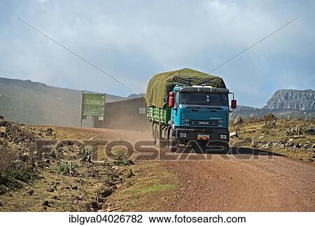 Stock Image - "Truck passing the Angesso checkpoint, Bale National Park, Sanetti Plateau, Bale Mountains, Oromiya, Ethiopia, Africa". Fotosearch