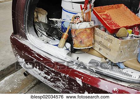 Stock Photograph - "Trunk with painting supplies, Barcelona, Catalonia, Spain, Europe". Fotosearch