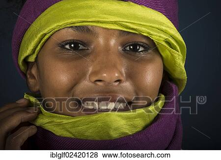 Stock Photo - Tuareg girl, Targia, veiled with a chech, portrait, Algeria, North Africa, Africa. Fotosearch