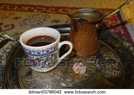 Stock Image - "Turkish coffee in a cup with Turkish delight, Dalyan, Aegean, Turkey, Asia". Fotosearch