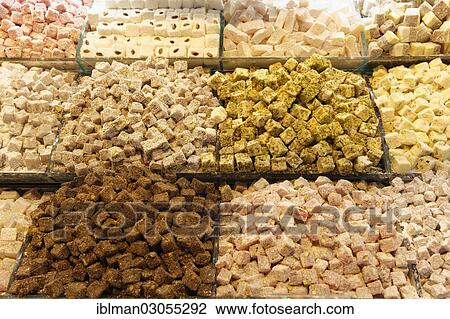 "Turkish delight and other sweets, Egyptian Bazaar or Spice Bazaar, Misir Carsisi, Eminonu, Istanbul, European side, Istanbul Province, Turkey, European side, Europe" View Large Photo Image Stock Image - "Turkish delight and other sweets, Egyptian Bazaar or Spice Bazaar, Misir Carsisi, Eminonu, Istanbul, European side, Istanbul Province, Turkey, European side, Europe". Fotosearch
