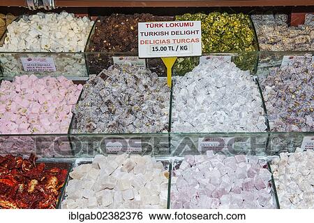 Stock Photograph - "Turkish delight pastries, Egyptian bazaar, Istanbul, Turkey, Asia". Fotosearch
